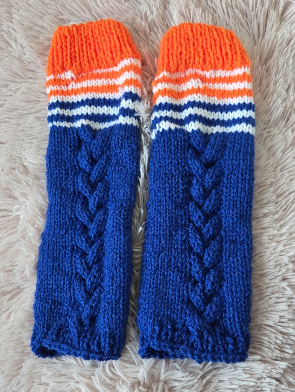 New Handknit Edmonton Oilers Cozy Orange Blue White Striped Leg Warmers